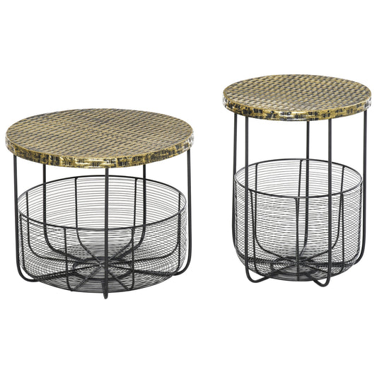 Set of 2 Metal Garden Coffee Tables with Baskets, Industrial Style Outdoor Furniture in Black