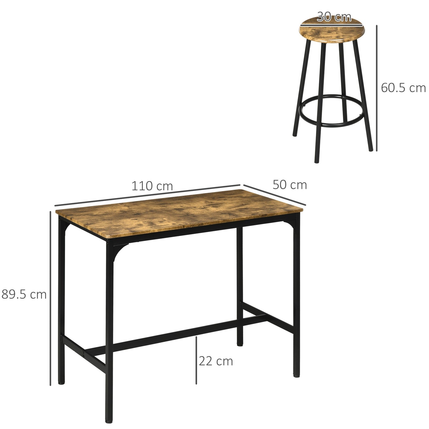 Set of 5 Piece Bar Set with High Table and 4 Industrial Style Stools, Brown and Black
