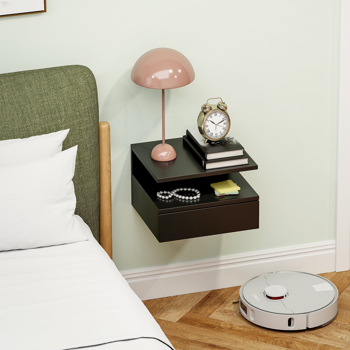 Floating Nightstand for Bedroom with Drawer and Wooden Shelf, 35x32x22.5cm, Black