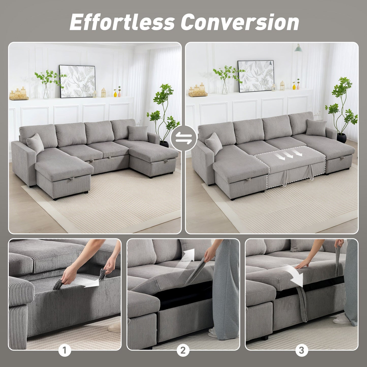 Modern U-Shaped Sofa Bed with 2 Chaise Longues and Storage Compartments, Corduroy, 282x140x86 cm, Grey