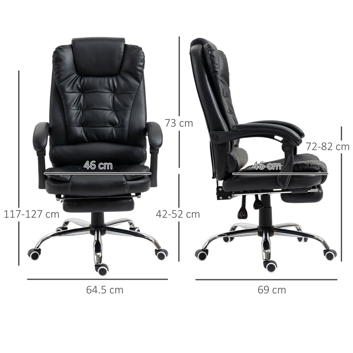 Height Adjustable Office Chair with Reclining Backrest and Footrest, 64.5x69x109-117 cm, Black