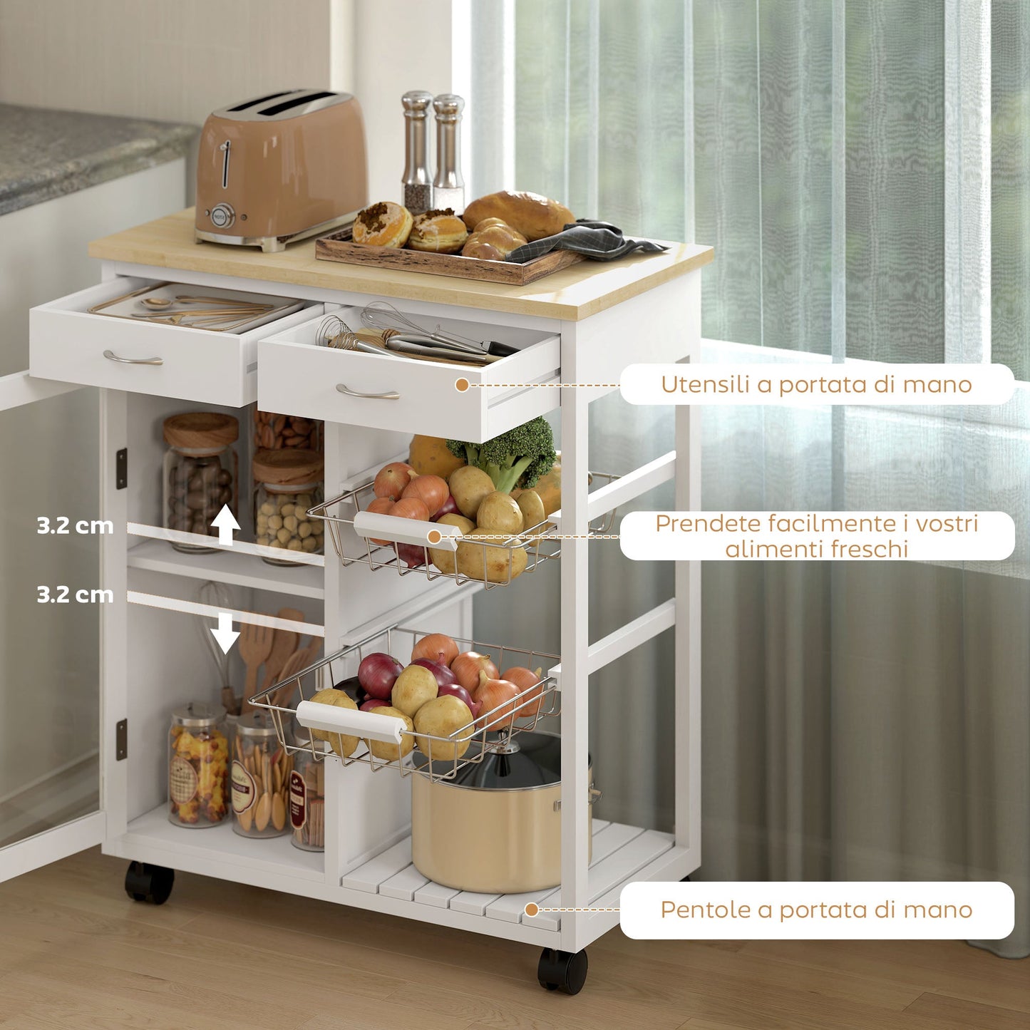 Bamboo Kitchen Cart with 2 Drawers, Cabinet, Shelf and 2 Steel Baskets, 67x35x80 cm, White