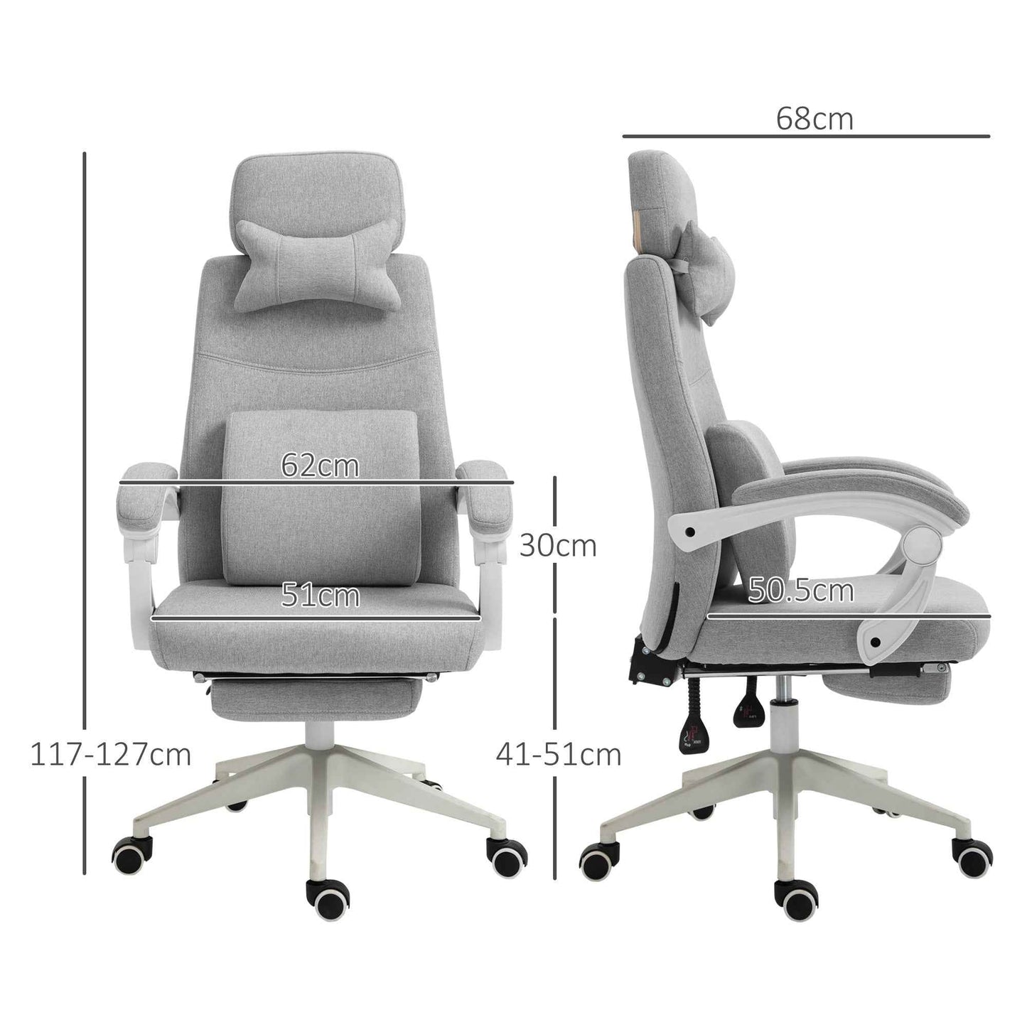 Ergonomic Office Chair, Desk Chair with Wheels, Lumbar Cushion, Removable Headrest and Footrest, Grey 62x68x117-127cm