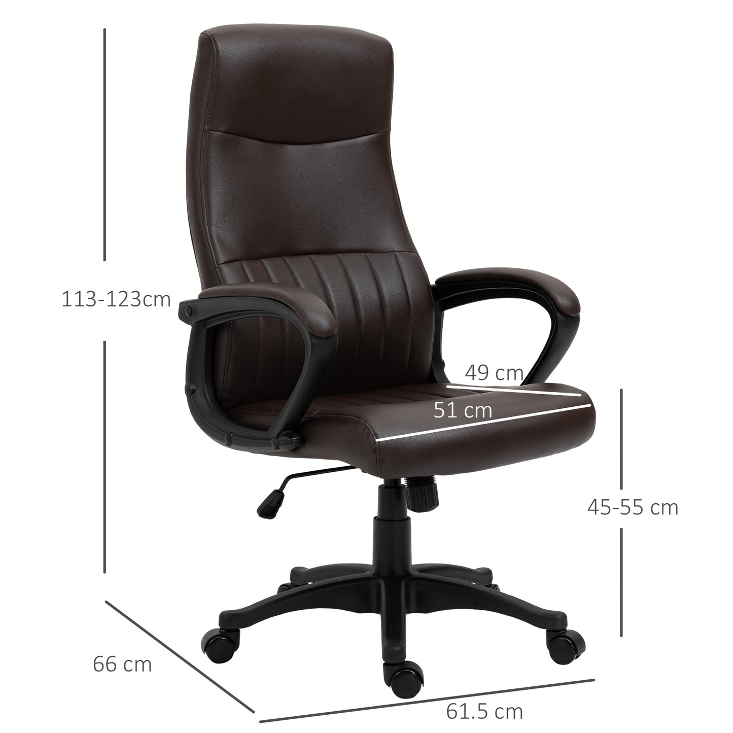 Ergonomic Office Chair, Swivel Chair with High Back and Rocking, Adjustable Height and Wheels, 61.5x66x113-123cm, Brown