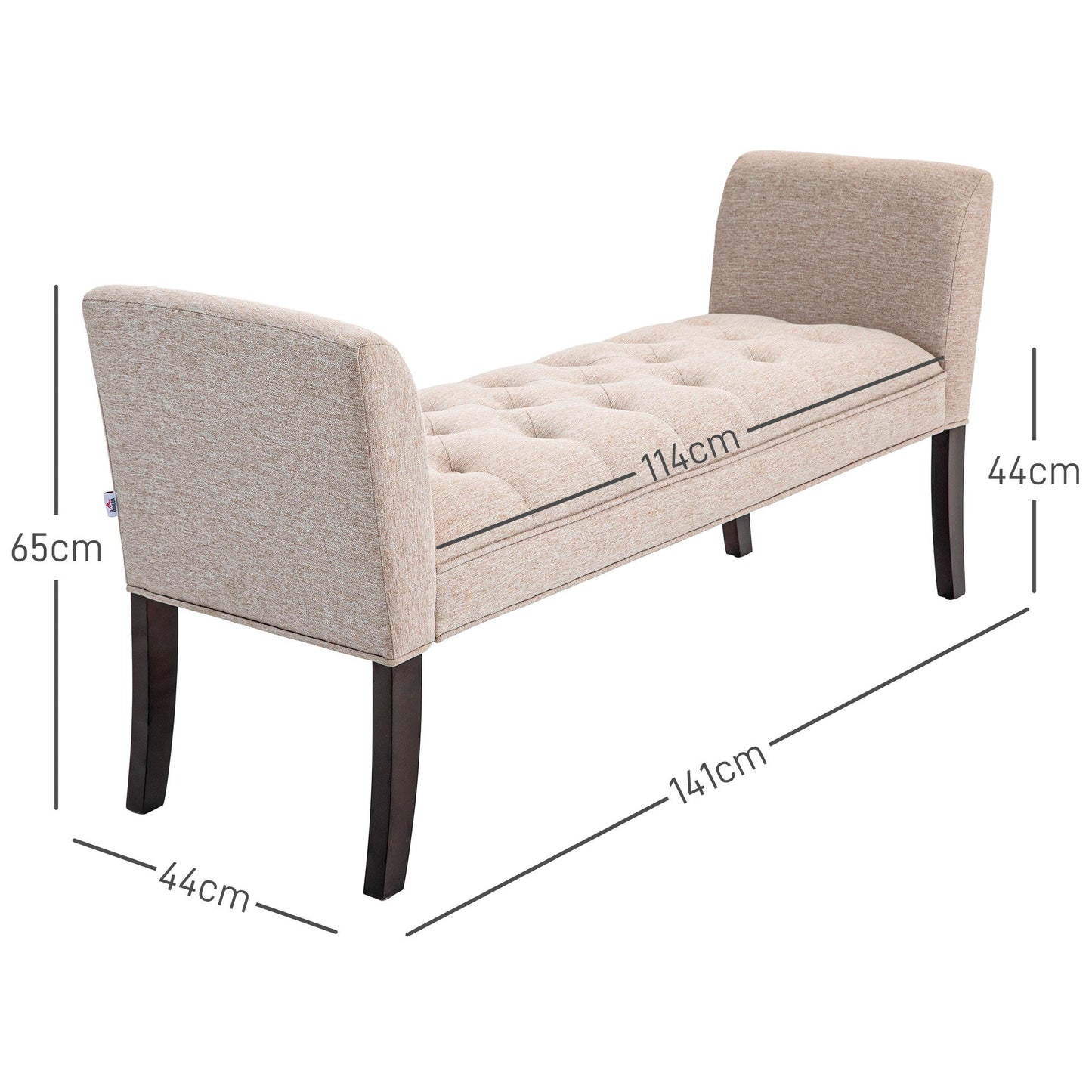 Padded and Buttoned Bed End Bench, in Linen and Wood Effect Fabric, 141x44x65 cm, Beige
