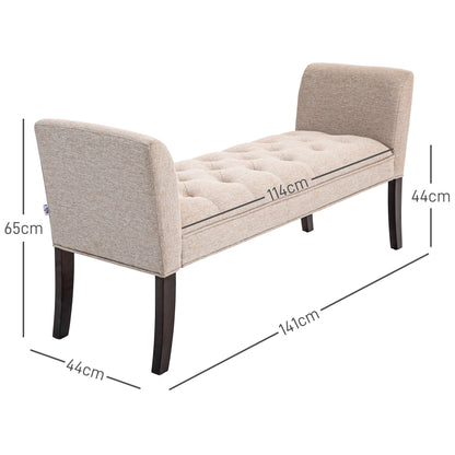 Padded and Buttoned Bed End Bench, in Linen and Wood Effect Fabric, 141x44x65 cm, Beige