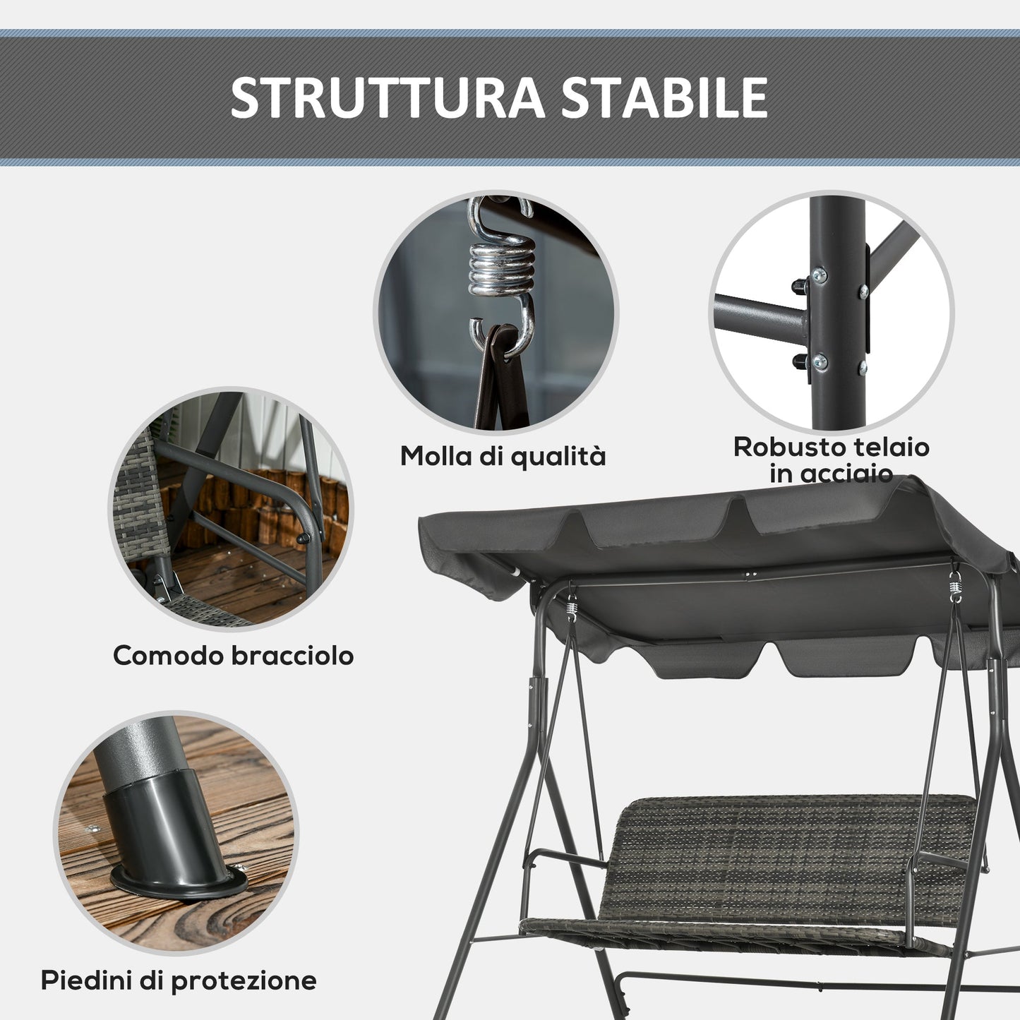 3 Seater Garden Swing with Adjustable Canopy in PE Rattan, 167x112x153cm, Dark Grey