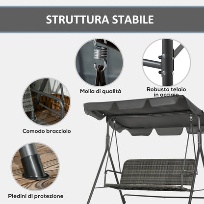 3 Seater Garden Swing with Adjustable Canopy in PE Rattan, 167x112x153cm, Dark Grey