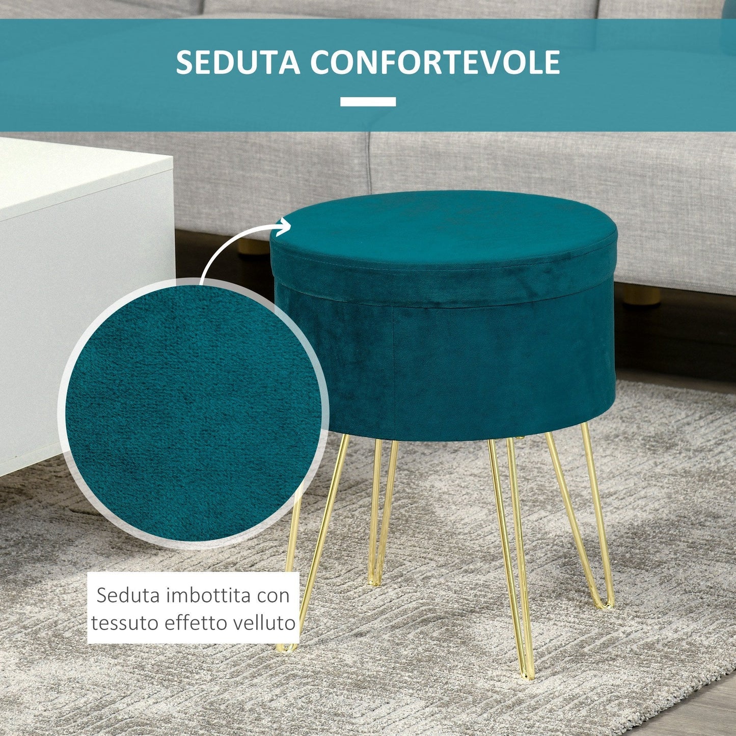 2 in 1 Storage Ottoman with Stool and Coffee Table Function, in Wood and Green Fabric, Metal with Gold Finish, 36x36x45cm