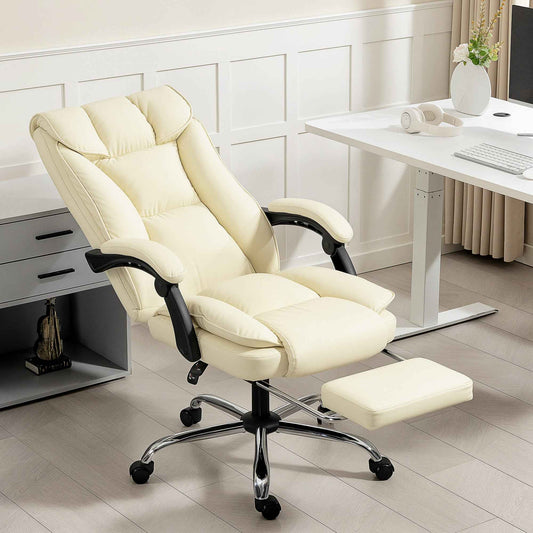 155° Reclining Office Chair with Footrest, Double Padding and Faux Leather Upholstery, Beige