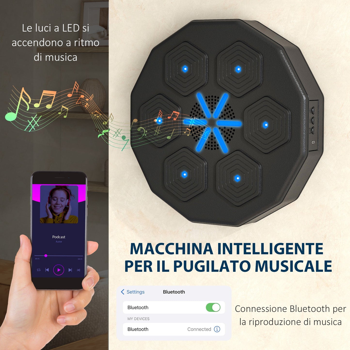 Wall-Mounted Musical Boxing Machine with Bluetooth Connection and Blue Lights, 40x40 cm, Black