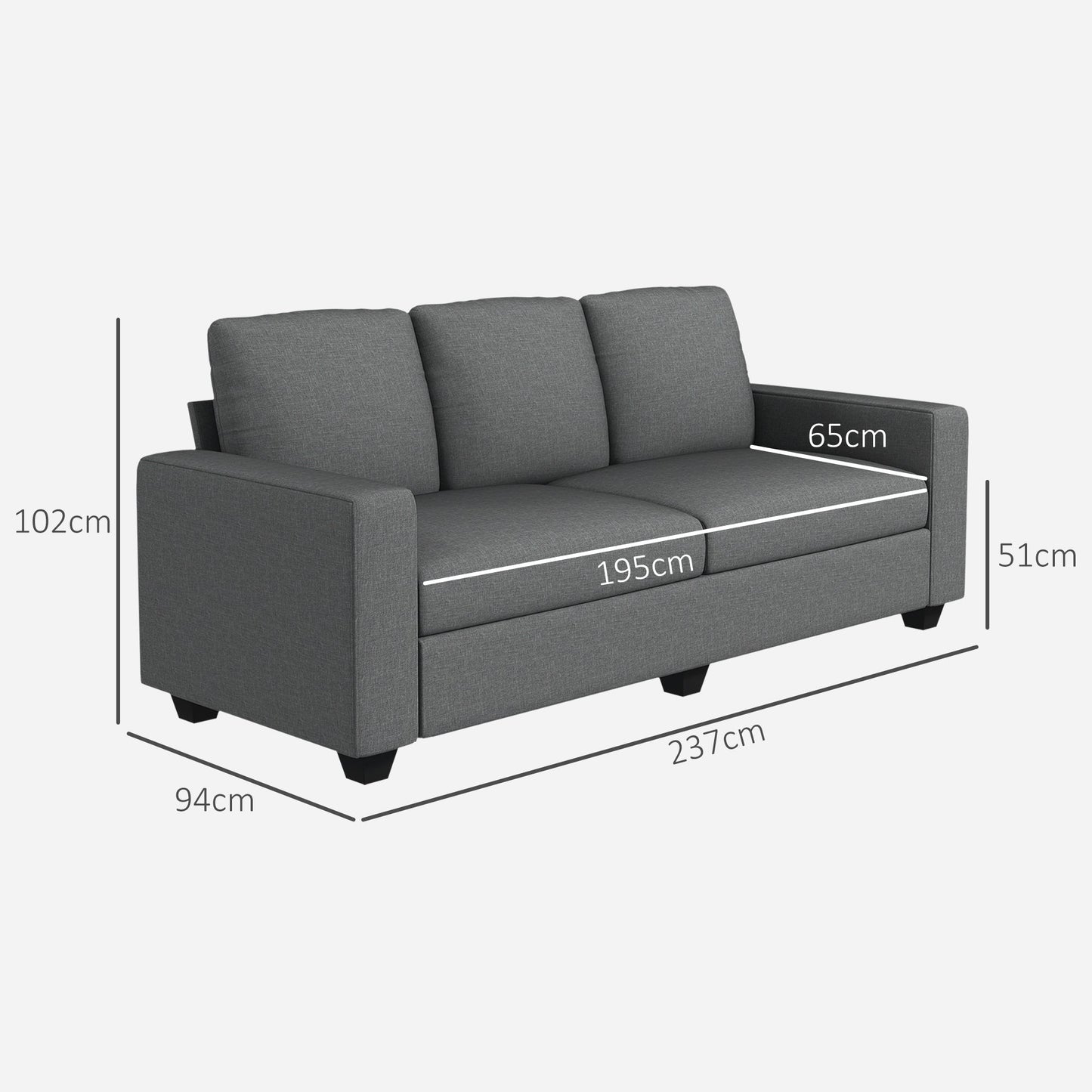 3 Seater Fabric Sofa with Padded Cushions and Linen Effect Upholstery, 237x94x102cm, Grey