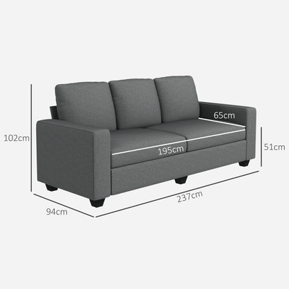 3 Seater Fabric Sofa with Padded Cushions and Linen Effect Upholstery, 237x94x102cm, Grey