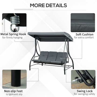 3 Seater Garden Swing Convertible to Lounger with Adjustable Canopy, Dark Grey