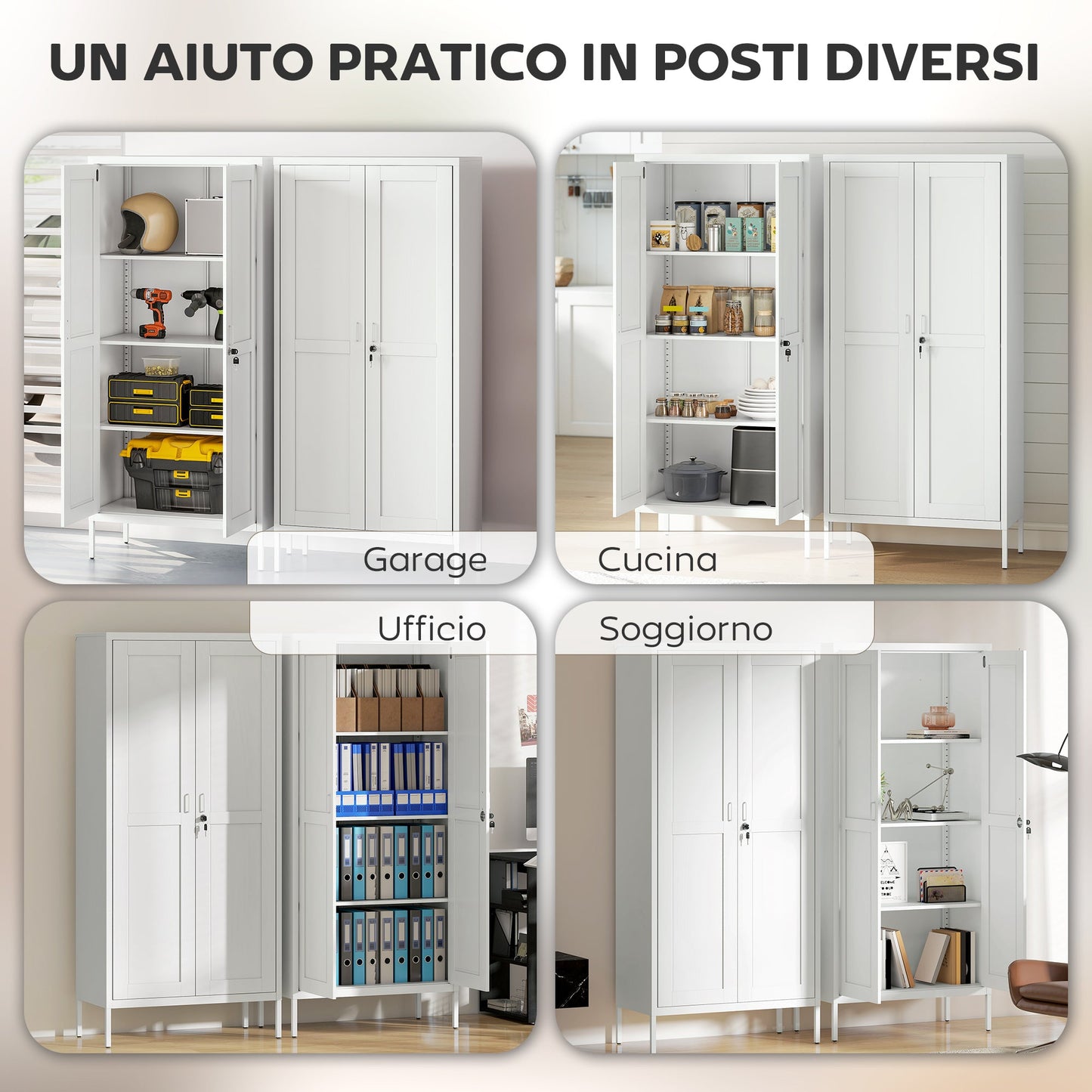 3-Tier Adjustable Steel Office Cabinet with Lock and 2 Keys, 80x40x175cm, White