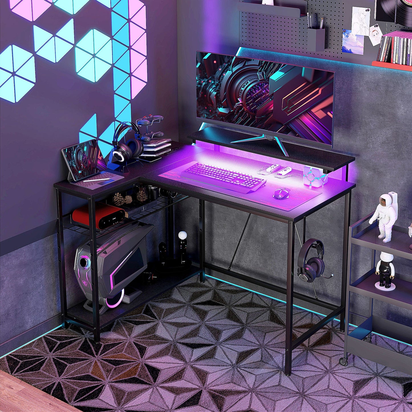 Reversible Corner Desk with LED, Power and USB Sockets, Shelves and Monitor Stand, Black