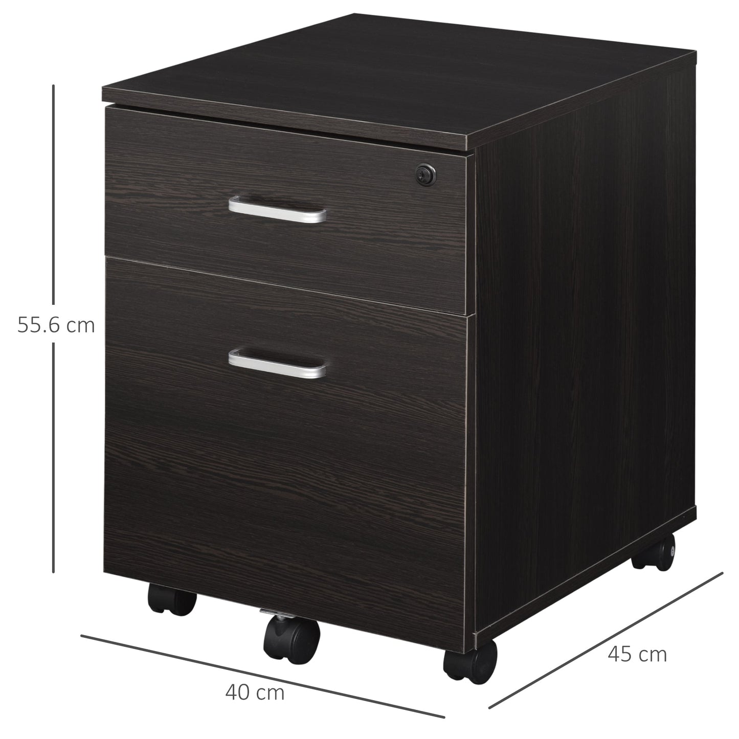 Office File Cabinet Wooden Desk Drawer Cabinet, 2 Drawers, Lock with 2 Keys, Black, 40x45x55.6cm