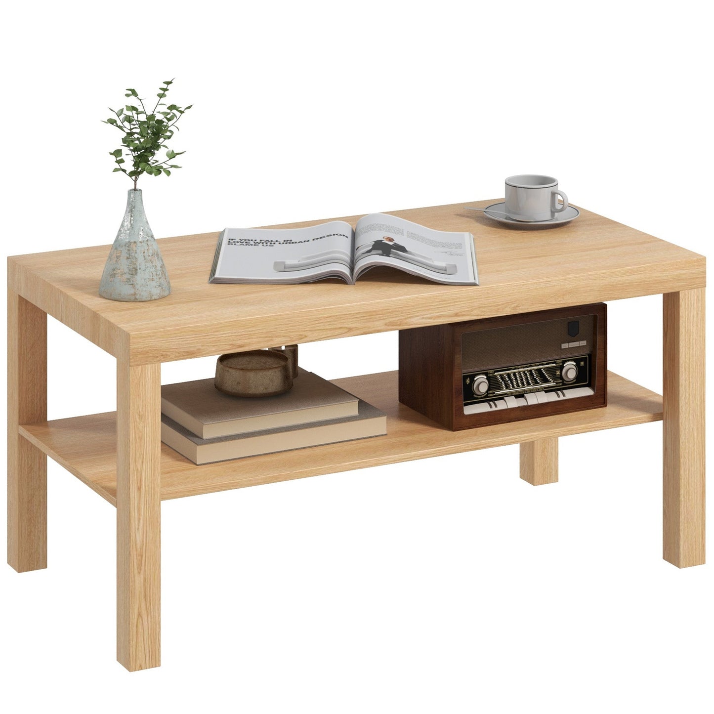 Rectangular Coffee Table with Large Shelf, 90×45×44.5 cm, Natural Wood