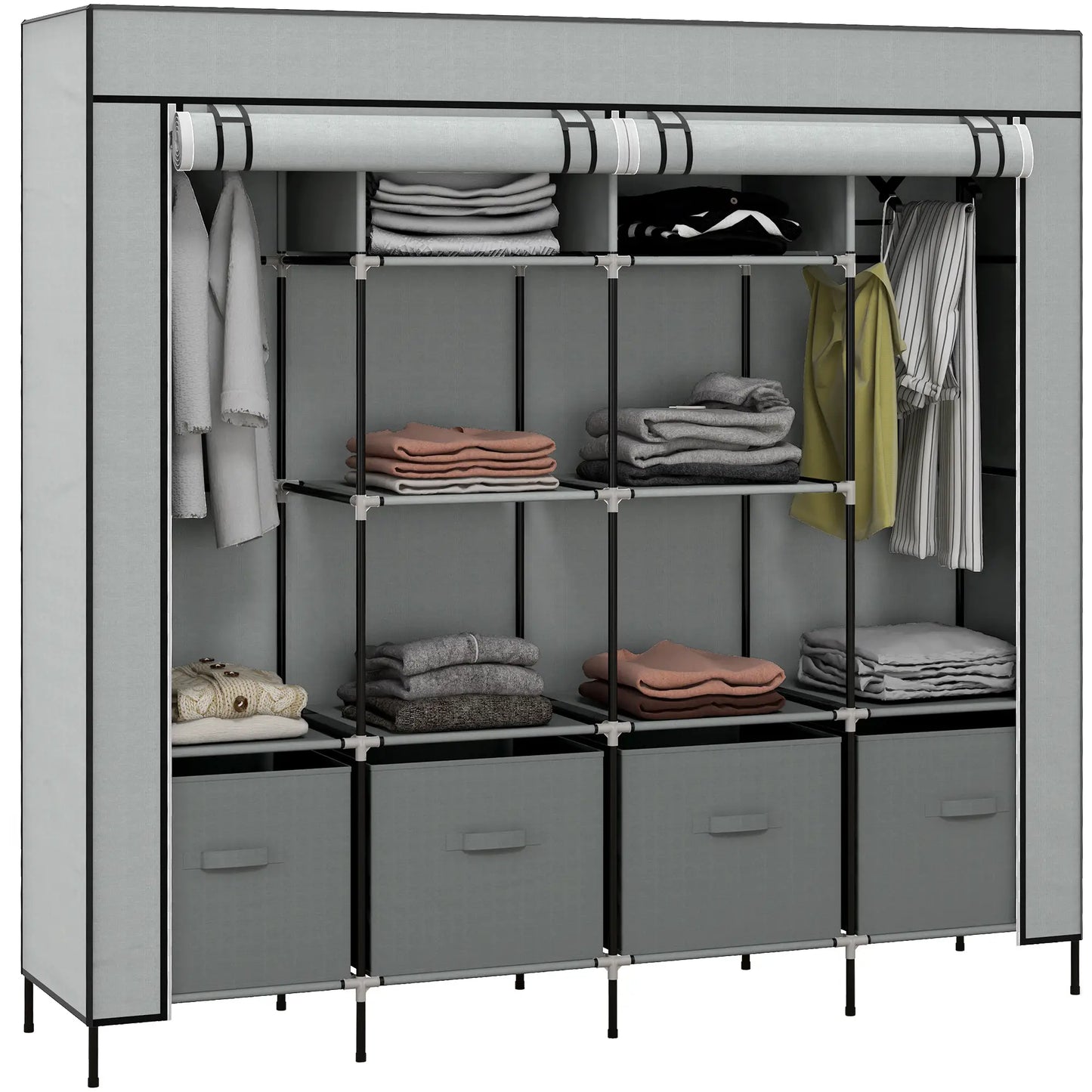 Fabric and Steel Wardrobe with 10 Shelves, 4 Drawers and Hinged Doors, Grey