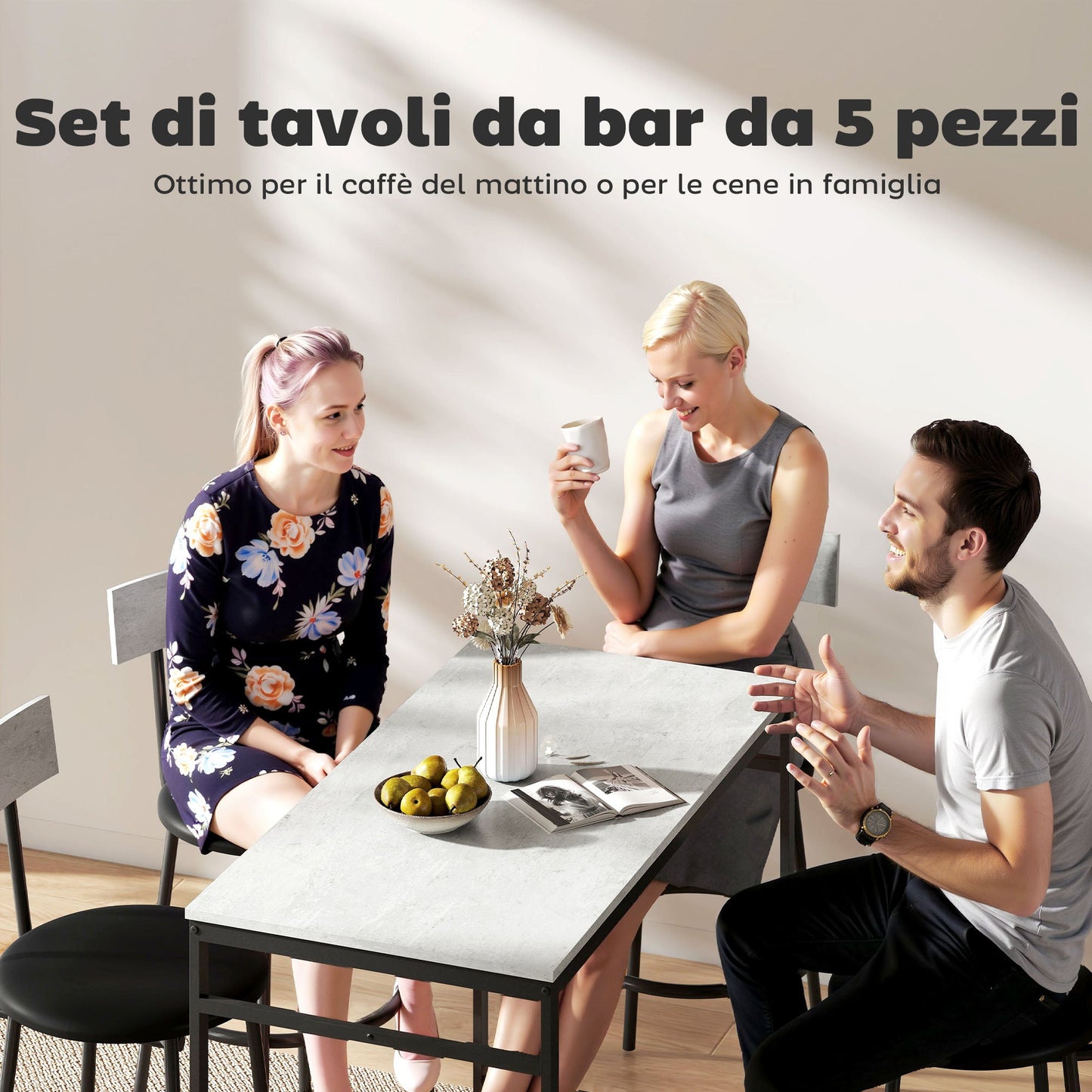 Industrial Style High Table and 4 Bar Stools Set with Backrest and Footrest, Cement Grey