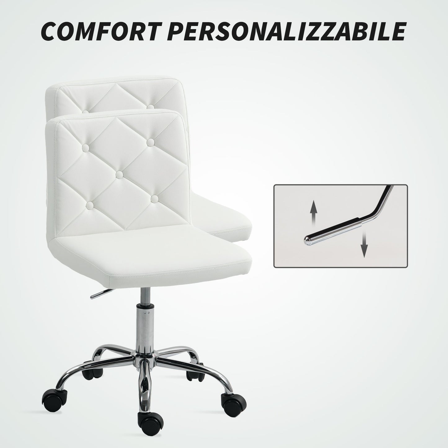 Adjustable Office Chair with Button Upholstery, PU Leather, Foam and Steel, 44x50x78-88 cm, White