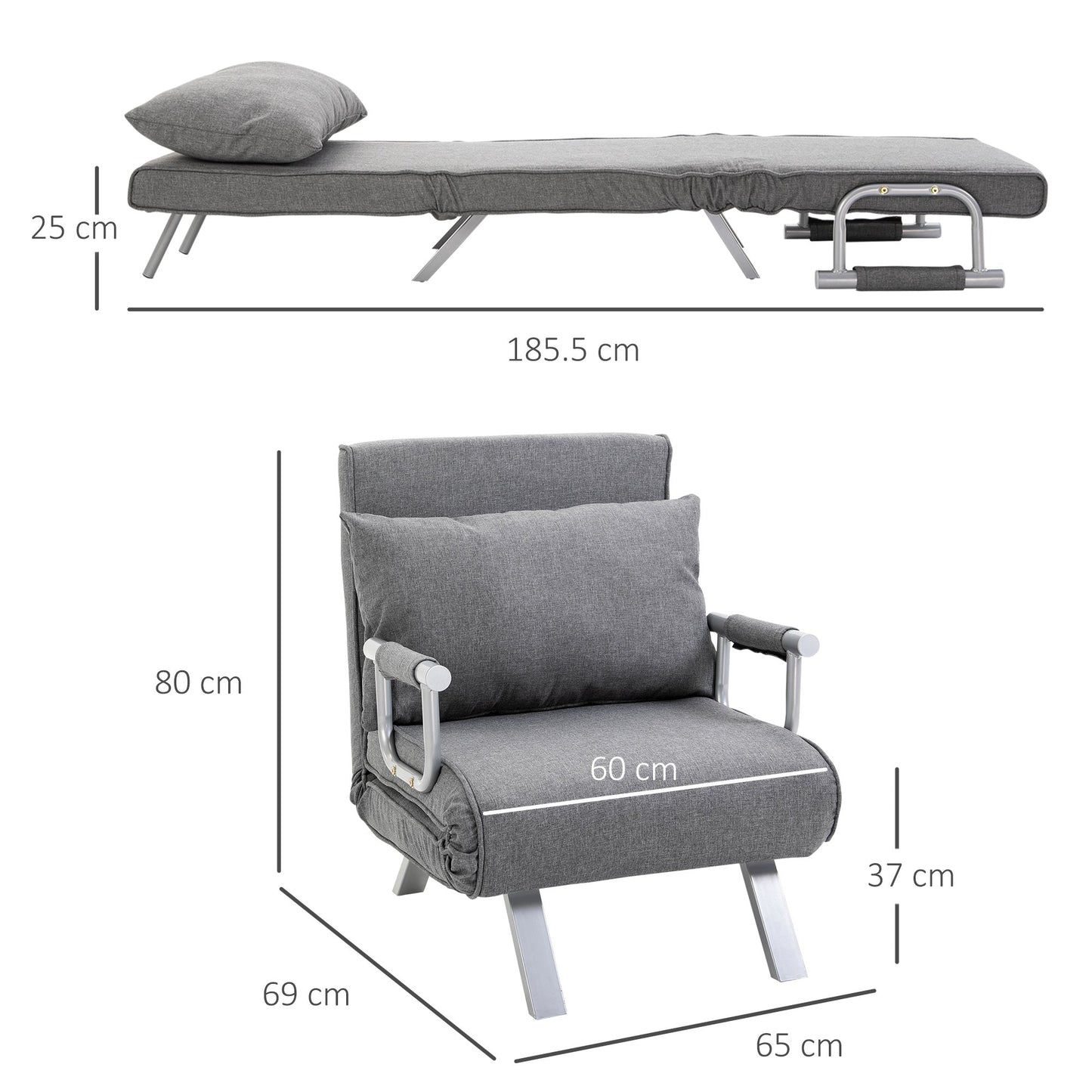 Single Armchair Bed with 5-Level Adjustable Backrest and Fabric Cushion, Light Gray
