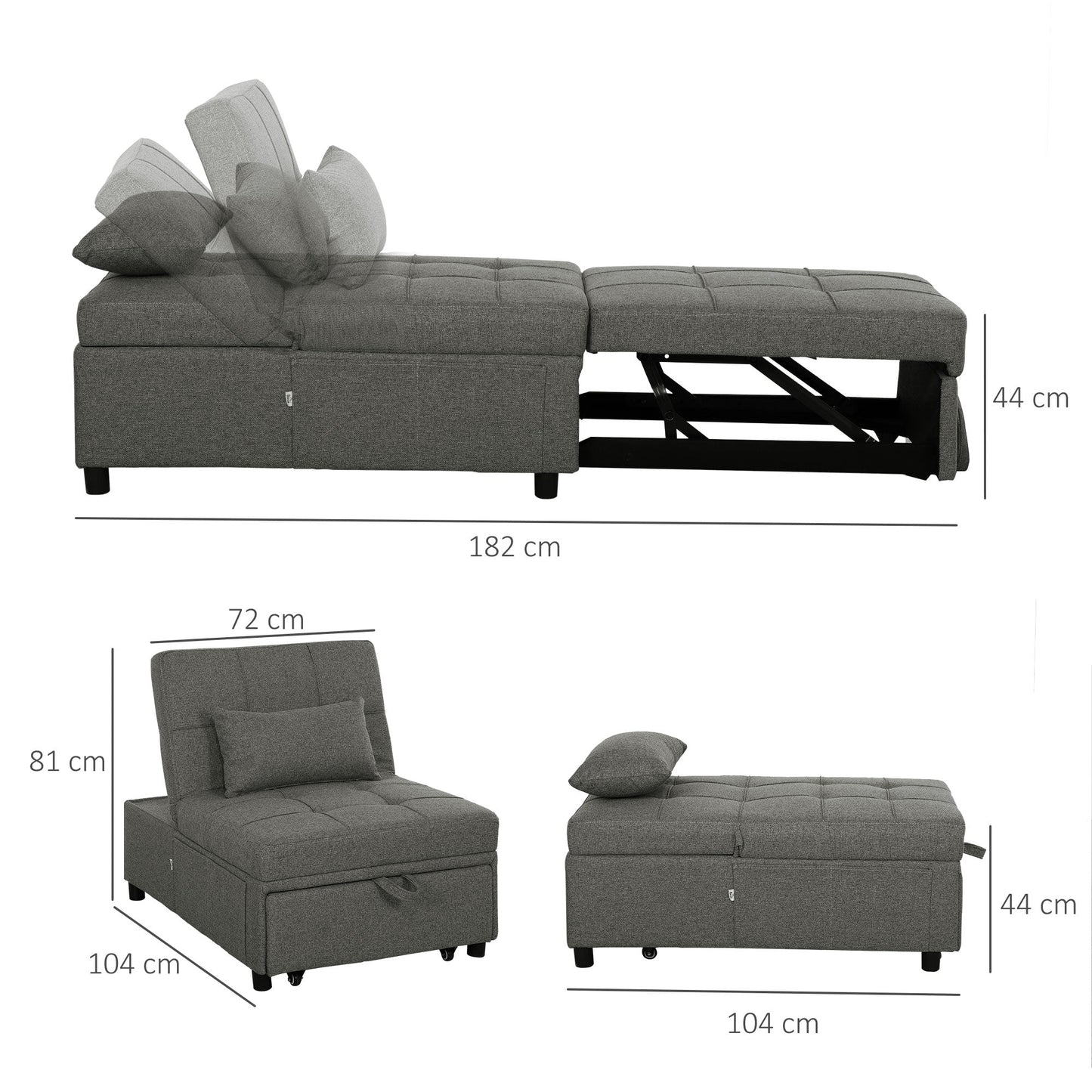 4 in 1 Sofa Bed Convertible into Chaise Longue and Footstool with Click Clack System, Grey