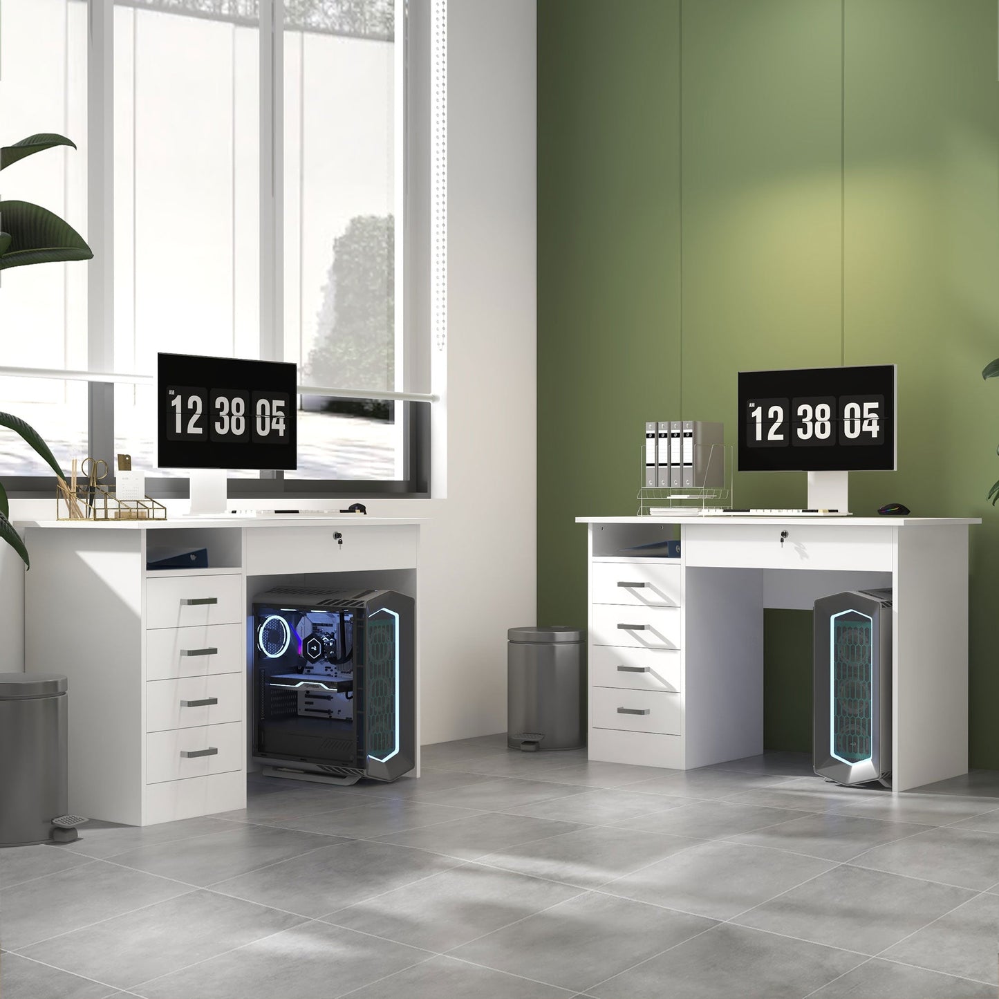 Modern Desk with 5 Drawers and Open Compartment with Lock and 2 Keys, 110x50x76cm, White