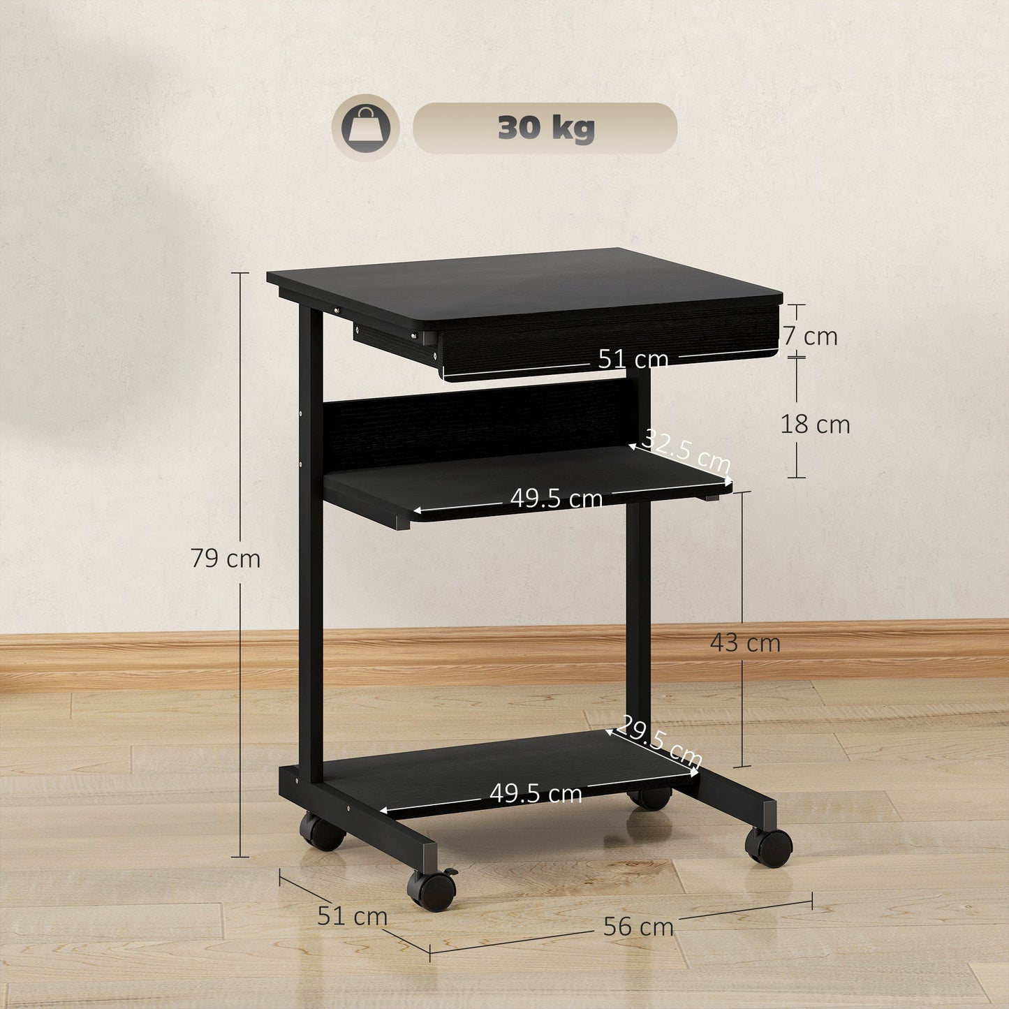 PC Desk with Sliding Drawer, 2 Shelves and 4 Wheels, in Wood and Metal, 56x51x79 cm, Black
