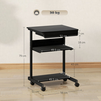 PC Desk with Sliding Drawer, 2 Shelves and 4 Wheels, in Wood and Metal, 56x51x79 cm, Black