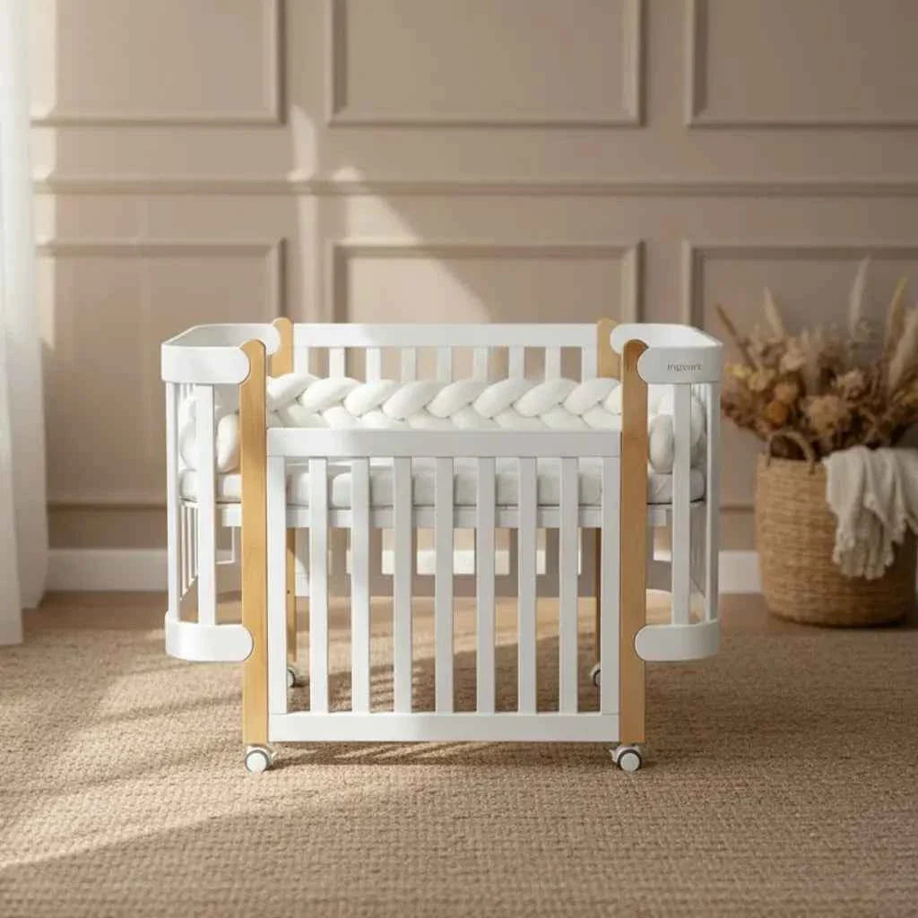 NIKA Convertible Cot – All White with Natural Wood Legs - Grows with Your Child from Birth to 5 Years