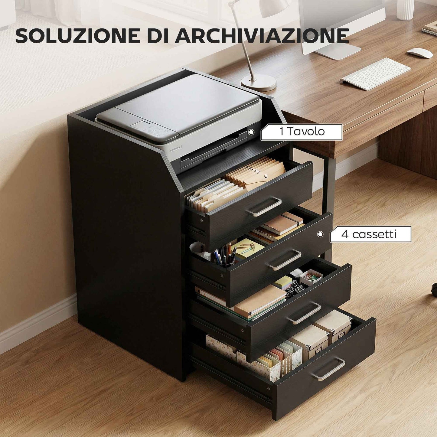 Small Chest of Drawers with 4 Drawers, Vertical Cabinet on Wheels, 40 x 36 x 65 cm, Black Wood Effect