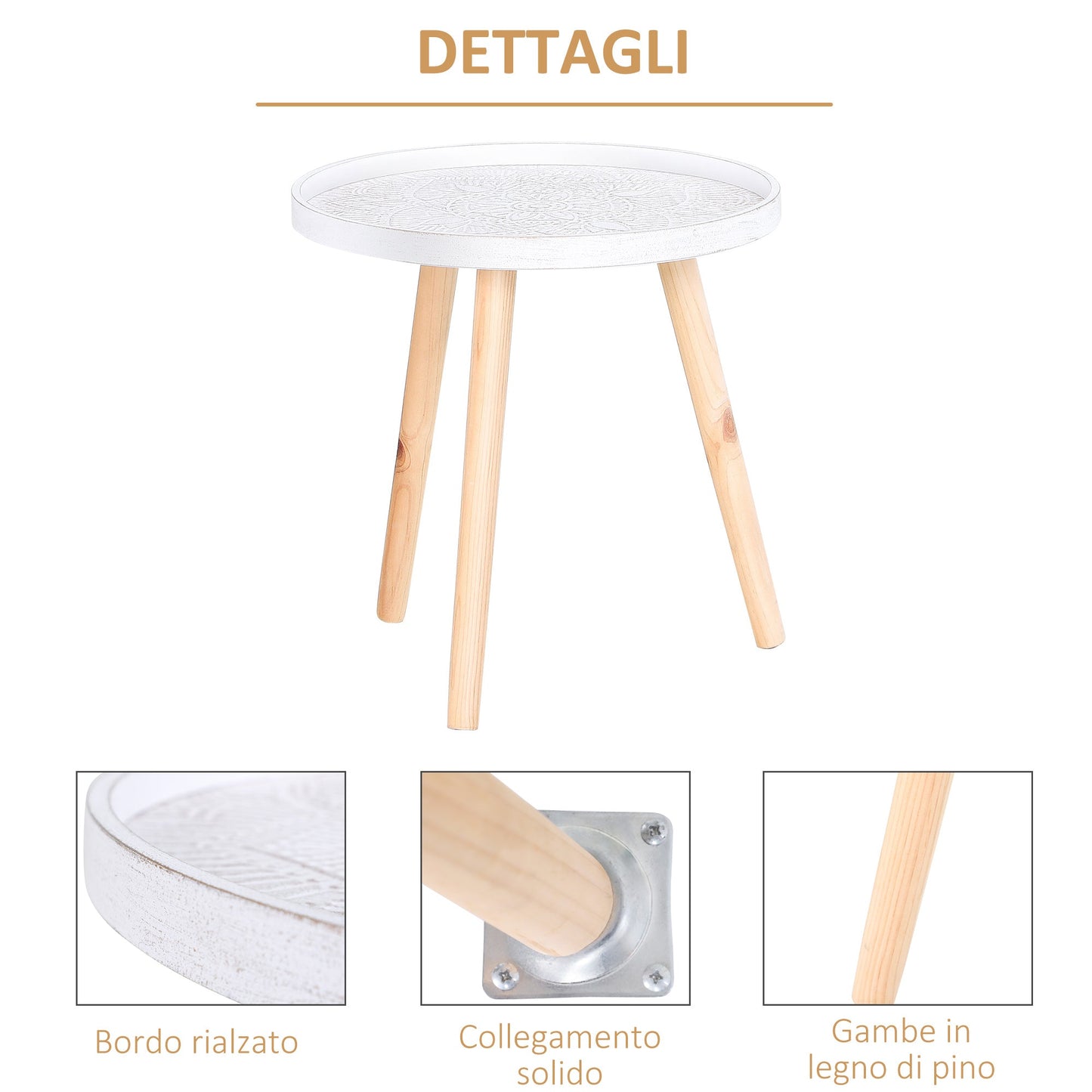 Round Coffee Table with Raised Edge, Wooden, Φ40x40.5cm - White and Gold