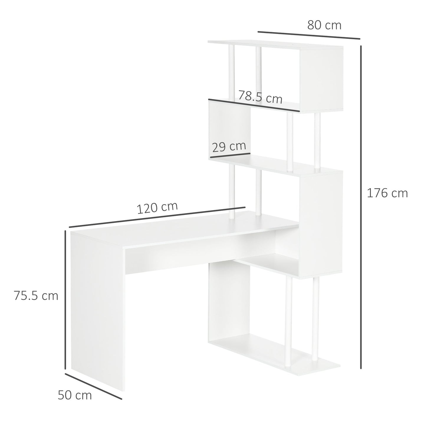 Modern Chipboard Corner Desk for Office and Study with 4-Tier Shelf, 120x80x176 cm, White