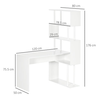 Modern Chipboard Corner Desk for Office and Study with 4-Tier Shelf, 120x80x176 cm, White
