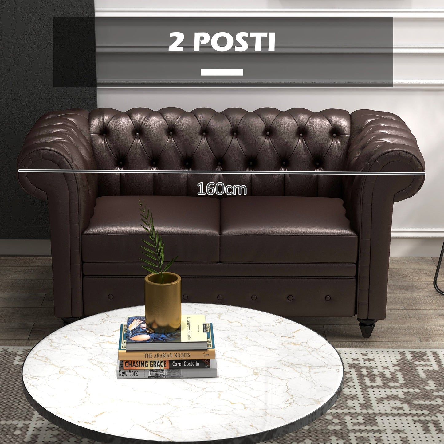 2-Seater Chesterfield Style Sofa with Removable Cushion, in Faux Leather, Wood and Metal, 160x84x80 cm, Brown