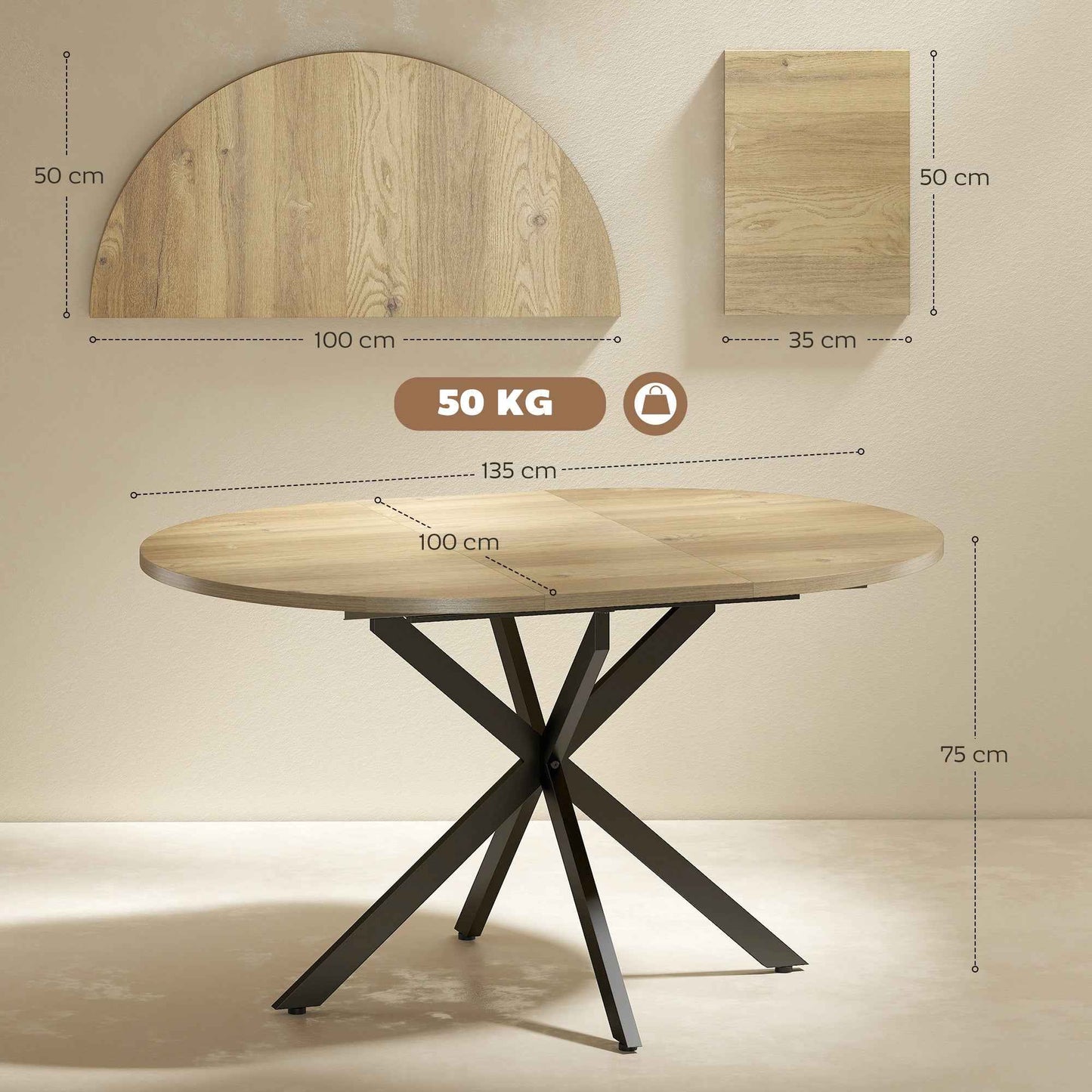 Industrial Dining Table for 4-6 People with Round Drop-Leaf Top, in Wood and Steel, 135x100x75 cm
