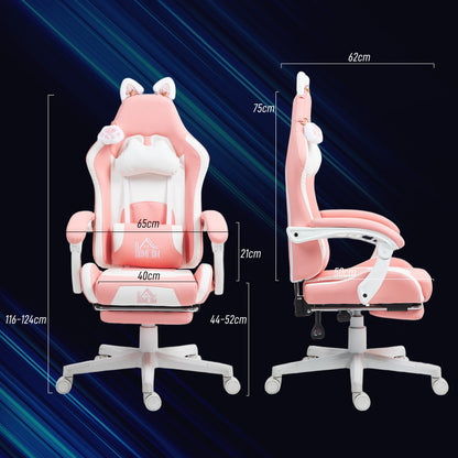 Ergonomic Cat Ear Gaming Chair with Footrest, Lumbar and Neck Support, Pink
