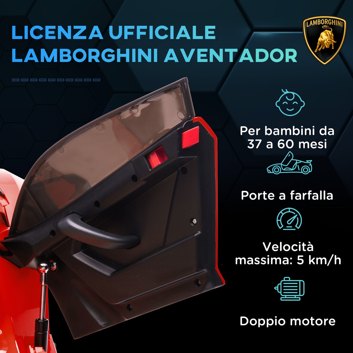 12V Electric Ride-On Toy Car for Kids with Lamborghini License, Horn and Remote Control, 107.5x63x42 cm, Red