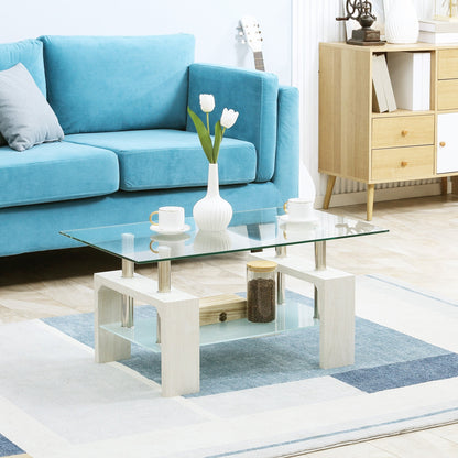 Modern coffee table with 2 levels in glass and wood, 90x50x42cm, white