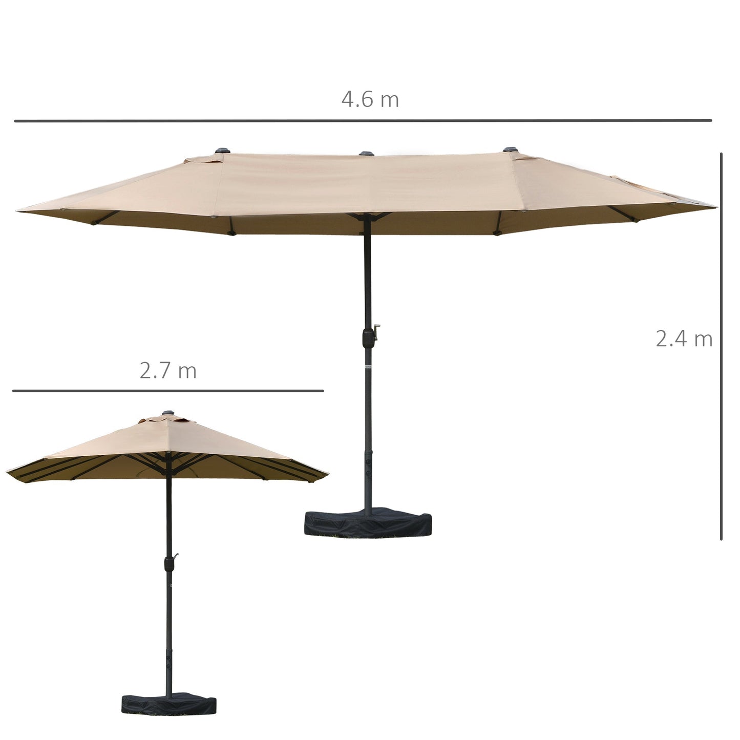 Double Garden Umbrella 460x270cm, Outdoor Umbrella with Crank Opening, Cross Base and Ballast, Steel and Khaki Polyester