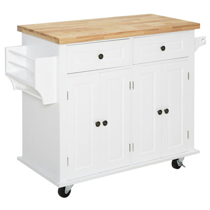 Kitchen Trolley with 2 Drawers and 2 Cabinets, Kitchen Island with Wooden Top, Spice Rack and Tea Towel Holder, White