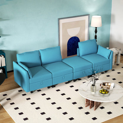 Modern 3 Seater Modular Sectional Sofa with Footrest and Cushions, Flannel Upholstery, Blue