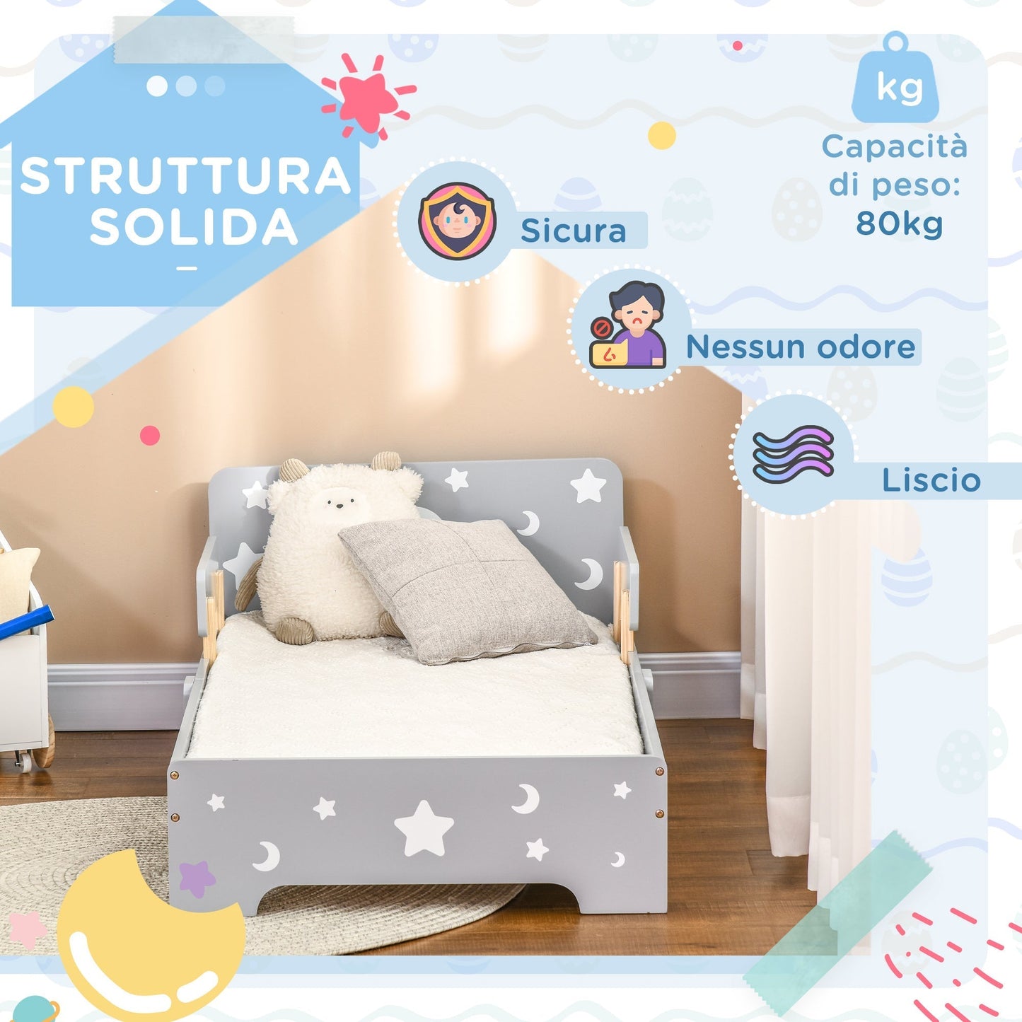 Children's Bed 3-6 Years with Stars and Moon Patterns in MDF Panels and Chipboard, 143x76x49 cm