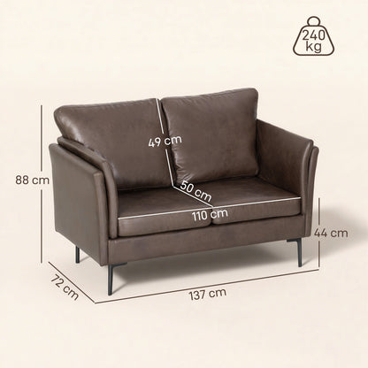 2-Seater Breathable Leather Sofa with Thick Padding and Metal Legs, 137x72x88 cm, Dark Brown