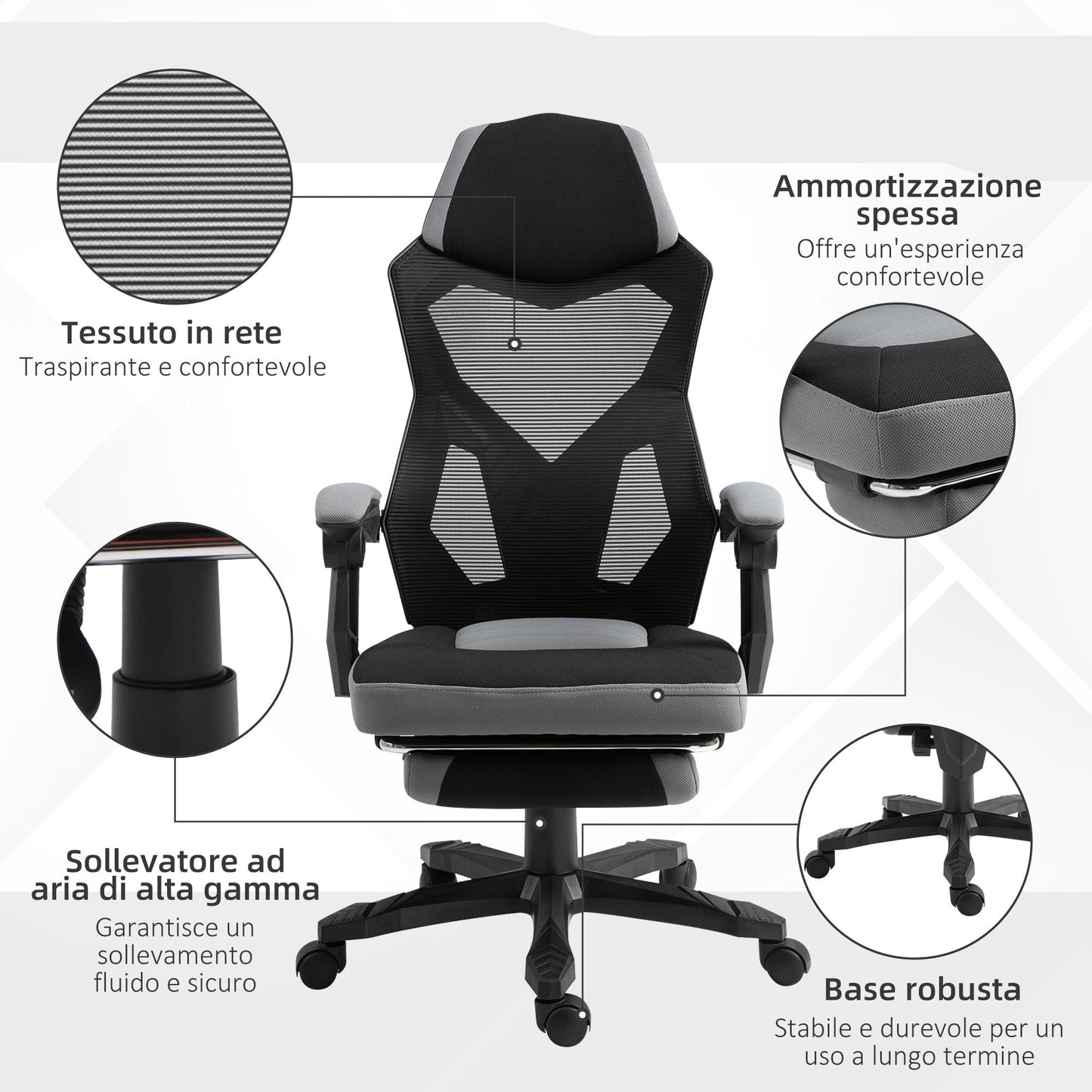 Ergonomic Office Chair with Reclining Backrest, Retractable Footrest, Adjustable Height, Grey