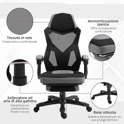 Ergonomic Office Chair with Reclining Backrest, Retractable Footrest, Adjustable Height, Grey
