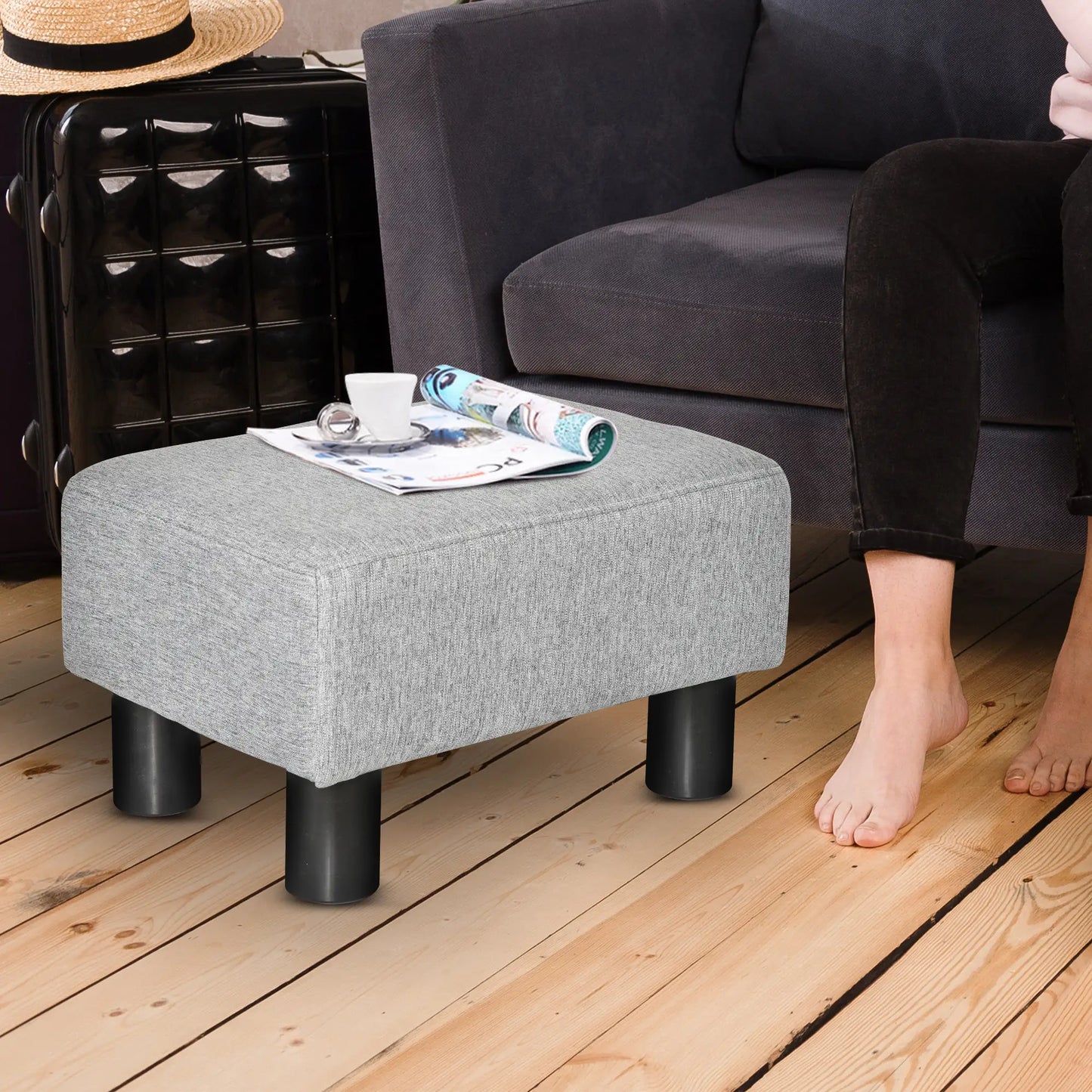 Pouf Footstool in Linen Effect Fabric Padded, 40x30x24cm, Grey