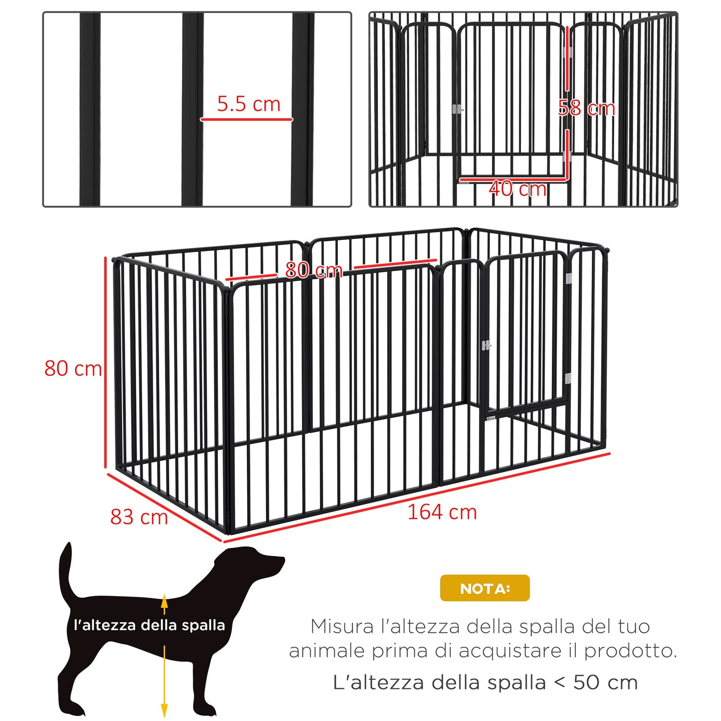 6 Panel Modular Indoor and Outdoor Dog Playpen, Steel, 164x83x80 cm, Black