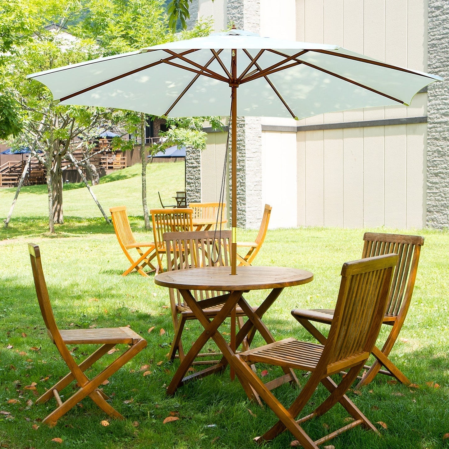 3x2.5 m Garden Umbrella with 8-Ribbed Wooden Pole, Made of Bamboo, Wood and Polyester, White